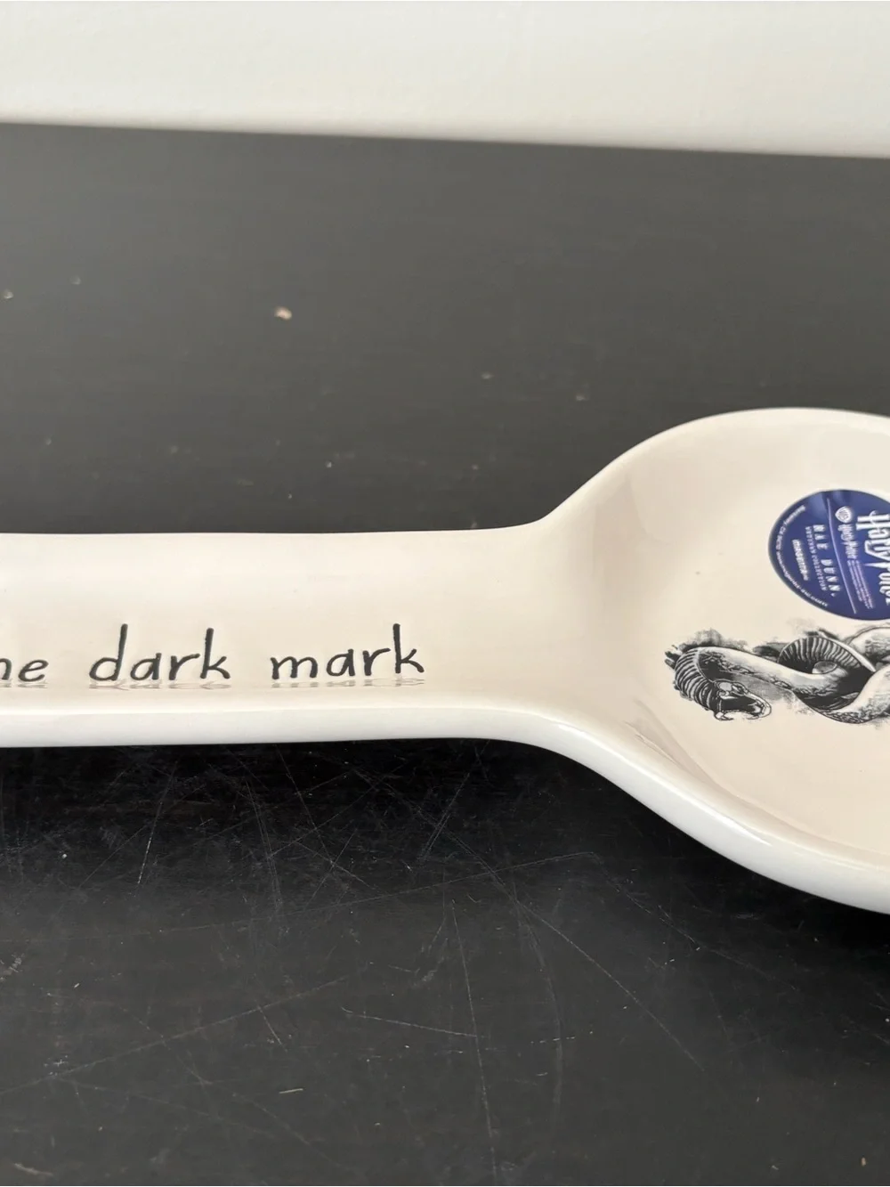 Rae Dunn White Ceramic Spoon Rest with Black Script and Artwork